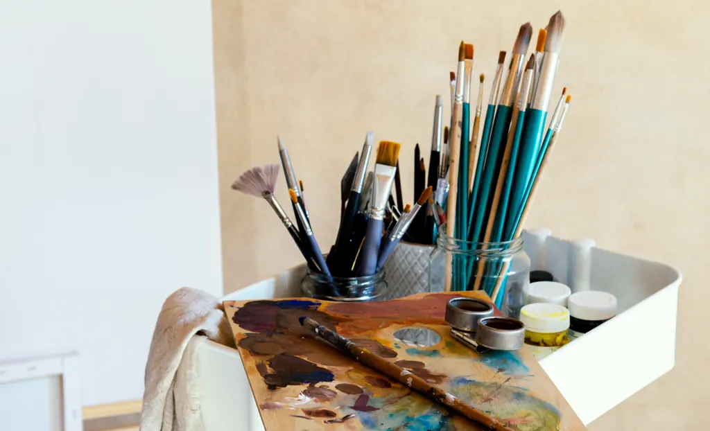 Pinsel in Gläsern und eine Holzpalette mit Farbresten auf einem weißen Tisch vor einer beigen Wand