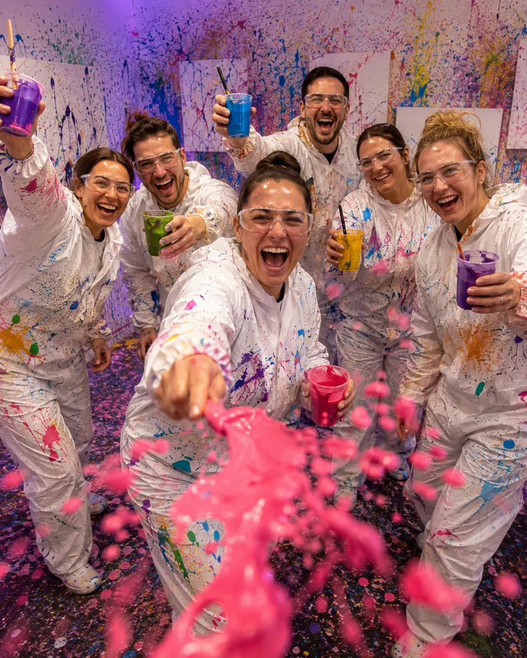 Gruppe im Overall jubelt, pinke Farbe spritzt in Richtung Kamera