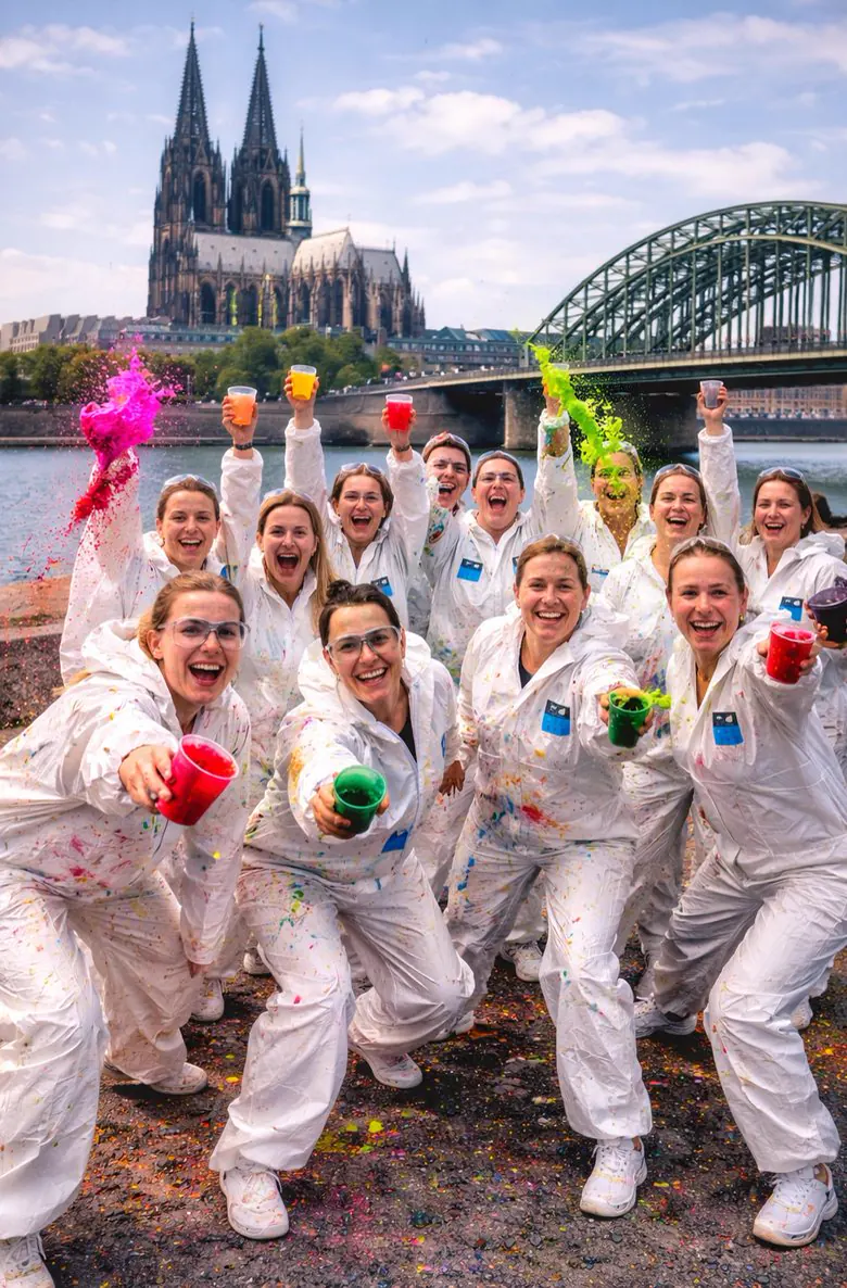 Gruppe in weißen Overalls jubelt mit Farbbechern vor dem Kölner Dom und der Hohenzollernbrücke